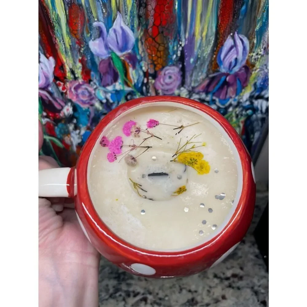 Market Square Mushroom Shaped Red Polka Dot Ceramic Mug Glittery Flower Candle